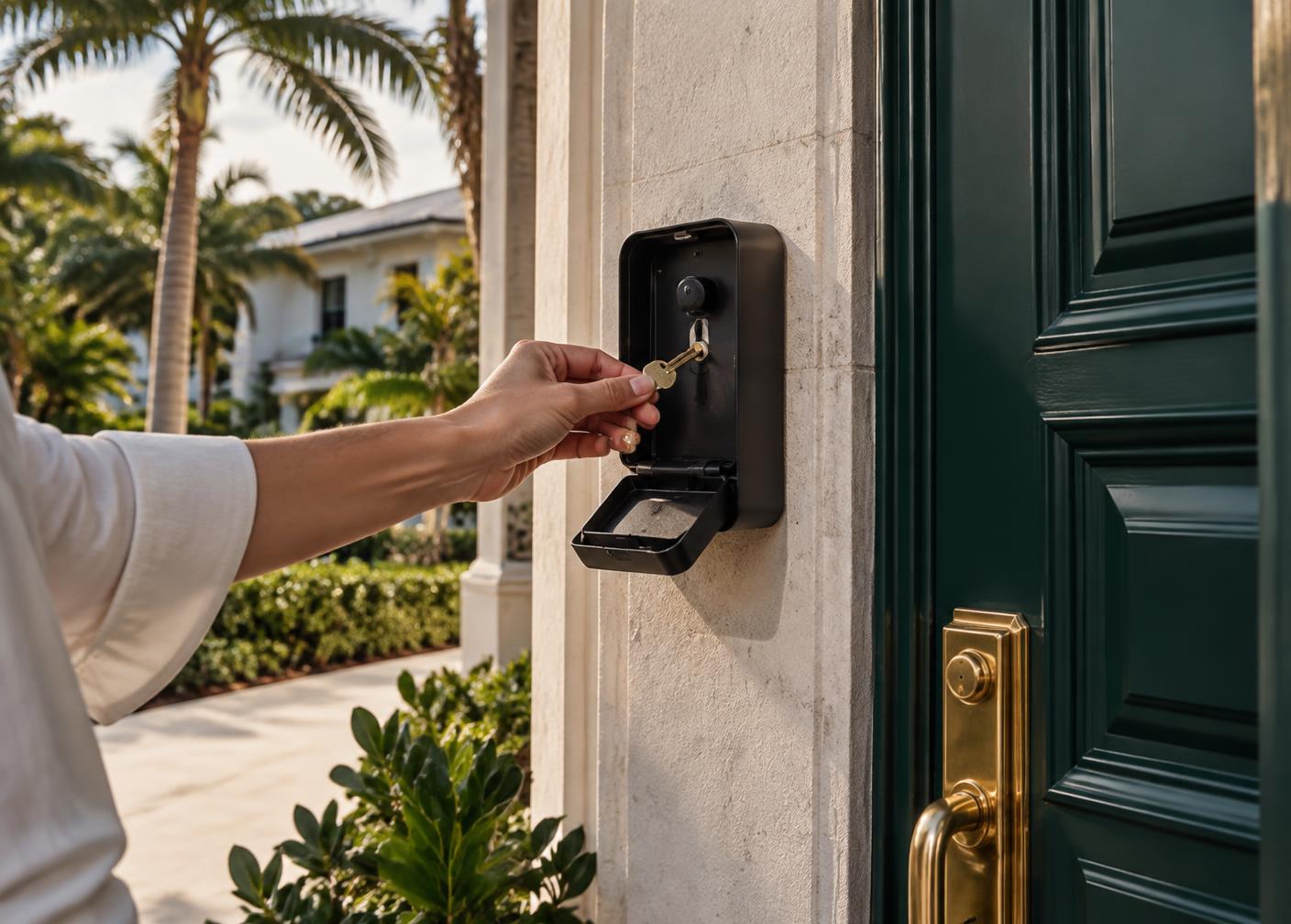 Hand taking a key from a secure lockbox beside a green front door