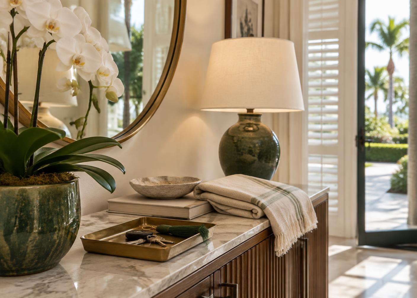 Calm entry console with keys in a brass tray inside a well-kept Florida home