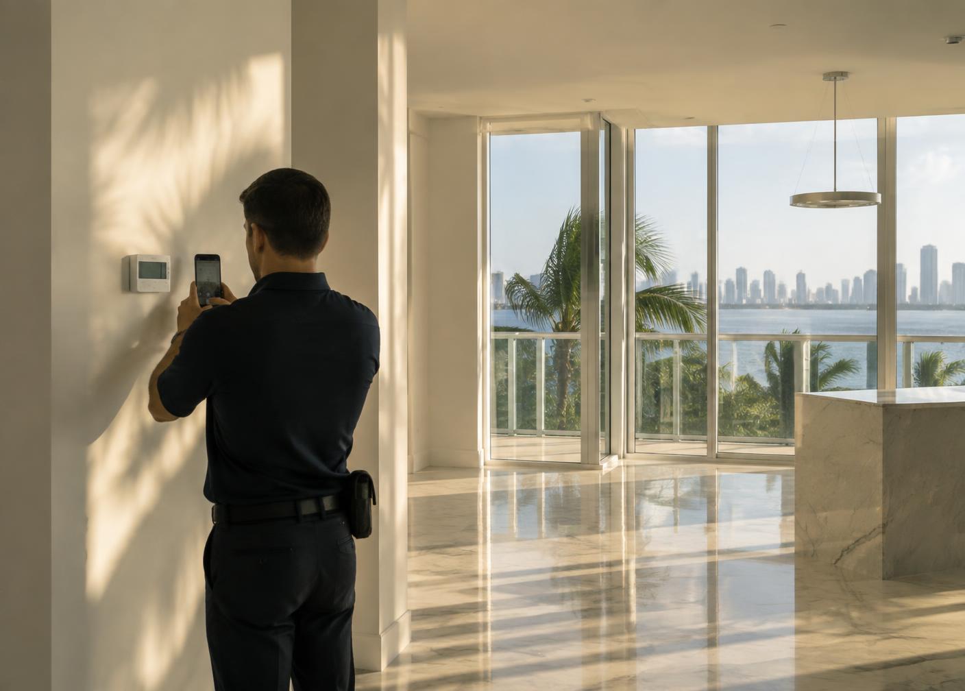 Hugo Keys specialist photographing a thermostat inside an empty Miami condominium